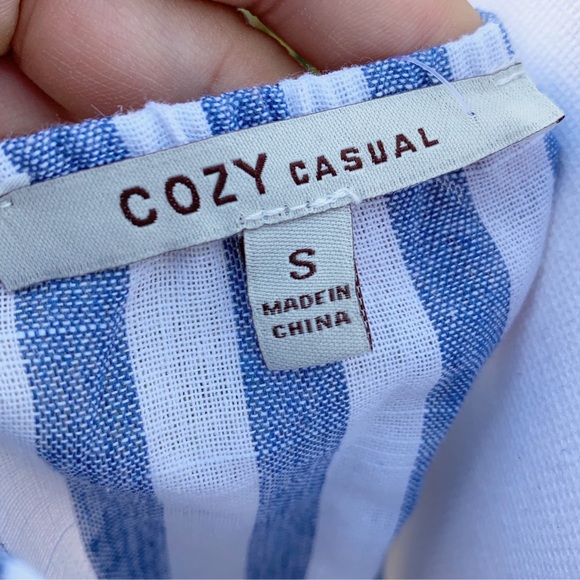 Wide Leg Linen Blue and White Striped Jumpsuit - Picture 5 of 6